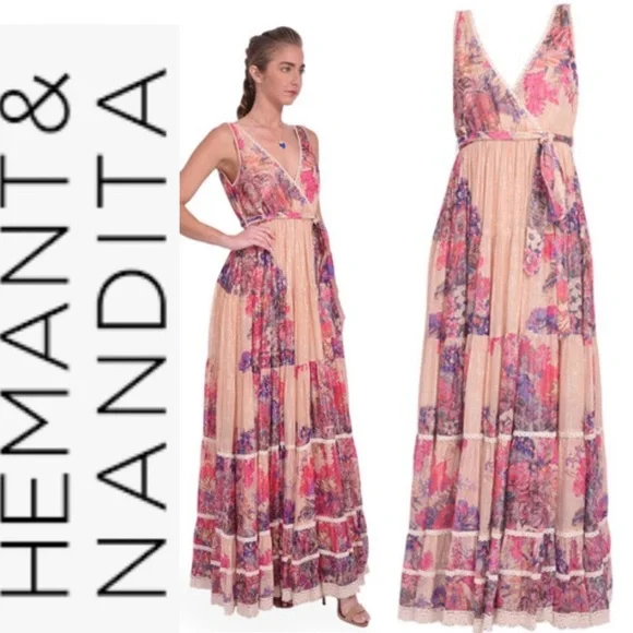 hemant & nandita metallic maxi dress HEMANT AND NANDITA Nora Maxi Dress Rose Pink Floral Metallic XS NWT $495